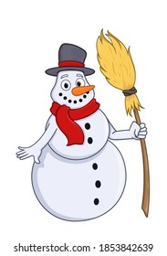 snowman with broom. vector illustration in cartoon style. isolated on white background