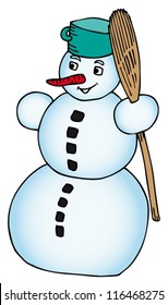 Snowman with broomstick - vector illustration.