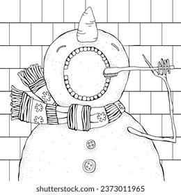 Snowman se cepilla los dientes en el baño. Invierno. Feliz Navidad, Feliz Año Nuevo. Patrón para el libro de colorantes para adultos. Negro Y Blanco.