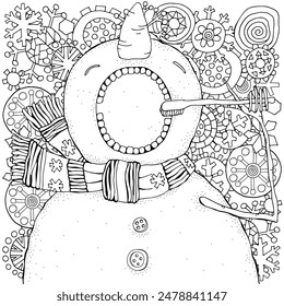 Snowman brushes his teeth. Snowflakes. Winter, snow, sled, carrot, buttons. Merry Christmas, Happy New Year. Pattern for adult coloring book. Black and white.