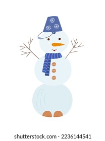 Snowman with bucket, carrot nose, buttons, scarf cute cartoon doodle vector illustration for kids, funny little man, outdoor activity in winter, symbol of holiday time