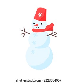 Snowman with bucket on head isolated on white background. Vector illustration. Funny cartoon winter element.