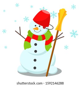 Snowman with a bucket on his head. In the hand is a broom. Snow is falling, snowflakes. Winter.