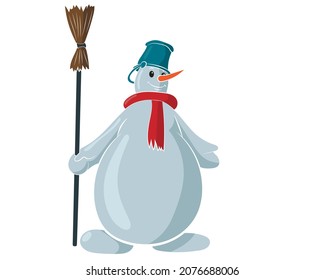 Snowman with a bucket on his head and a scarf and a broom in his hands, isolated on a white background. Vector illustration