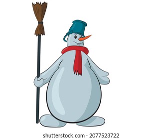 Snowman with a bucket on his head and a scarf and a broom in his hands, isolated on a white background. Vector illustration