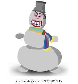 Snowman with a bucket on his head. Bright scarf and round arms. Vector illustration.