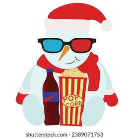 Snowman with bucket of popcorn, cola drink and 3d glasses on whi