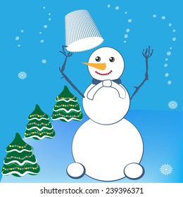 snowman , bucket, tree, green trees, Christmas toys