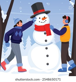 Snowman build by children vector illustration