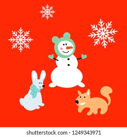 Snowman, bunny and squirrel cartoon card new year. Red background winter holidays characters.