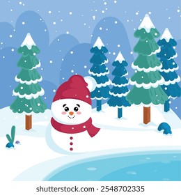 Snowman by a frozen lake in winter, Vector
