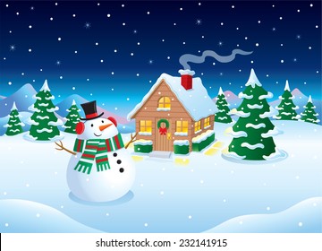 Snowman and Cabin Winter Snow Scene
