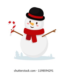 snowman with candy cane. a cheerful snowman with a scarf in a black hat