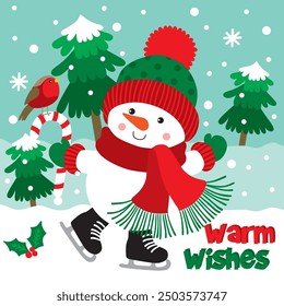 Snowman with Candy cane and Robin Bird For Christmas Card or Bag design