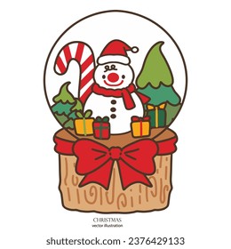 Schneemann, Süßigkeiten, Geschenke und Weihnachtsbaum in Schneebällen. Vektorgrafik