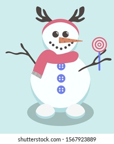Snowman with candy vector. Christmas snowman deer antlers illustration.