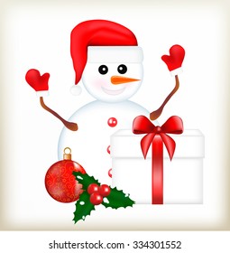 Snowman in a cap, a Christmas-tree decoration, a ball with a pattern, a green mistletoe, red berries, a snowball, hand branches, carrot a nose, a New Year's gift, a red tape, a schastlyvy snowman,