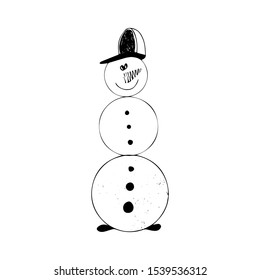 Snowman in a cap doodle illustration isolated on white background. Outline hand drawn winter artwork. Design for Christmas print on cup, t shirt, postcard, greeting cards.
