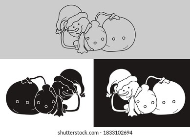 A snowman in a cap lies on its side. Three variants of a snowman - an outline, a white object on a black background, and a black object on a white background.