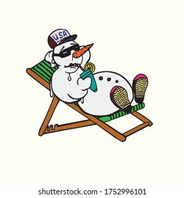 Snowman in cap and sunglasses sunbathing with cool cocktail, colorful simple doodle drawing, character design isolated