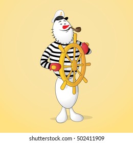 Snowman captain with pipe and steering wheel looking forward