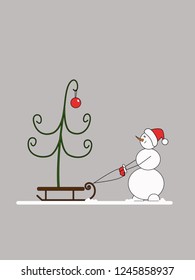 Snowman carries a Christmas tree on a sled. Vector illustration