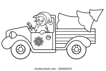 The snowman carries a Christmas tree in the truck. Color vector illustration