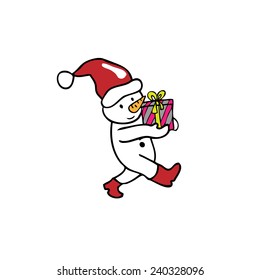 Snowman carries gift box cartoon vector