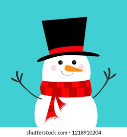 Snowman, carrot nose, black hat, red scarf. Merry Christmas. Cute cartoon funny kawaii character. Blue winter background. Happy New Year. Greeting card. Flat design. Vector illustration