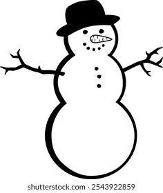 Snowman with carrot nose, hat and branches for arms, vector graphic