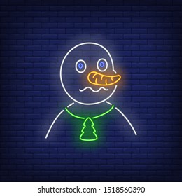 Snowman with carrot nose neon sign. New Year, fir tree, pendant, decoration. Vector illustration in neon style for topics like Christmas, Xmas, cute cartoon character