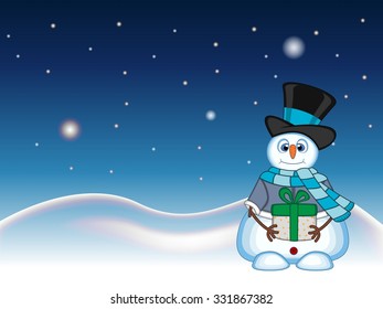 snowman carrying a gift wearing a hat, blue sweater and a blue scarf  with star, sky and snow hill background for your design vector illustration