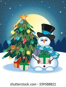 Snowman Carrying A Gift Wearing A Hat, Blue Sweater And A Blue scarf With Christmas Tree  And Full Moon At Night Background For Your Design Vector Illustration