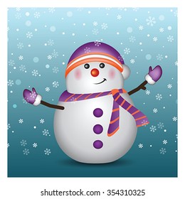 Snowman cartoon character. Christmas and New Year greeting card - winter background, vector