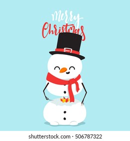 Snowman cartoon character in a flat style. Christmas character cheerful cute snowman. Merry Christmas Vector Illustration