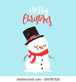 Snowman cartoon character in a flat style. Christmas character cheerful cute snowman. Merry Christmas Vector Illustration
