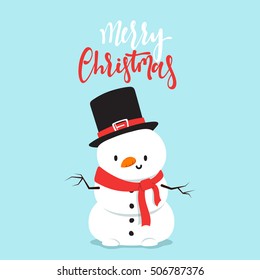 Snowman cartoon character in a flat style. Christmas character cheerful cute snowman. Merry Christmas Vector Illustration