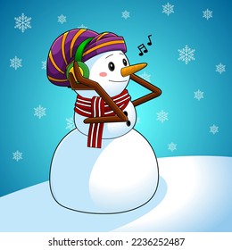 Snowman Cartoon Character With Headphones Listening to Music. Vector Hand Drawn With Winter Background