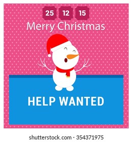 Snowman Cartoon Character Holding Board with help wanted typography on glowing background Background with Merry Christmas Title. Vector Illustration