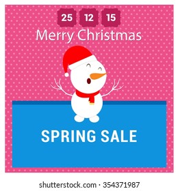 Snowman Cartoon Character Holding Board with spring sale typography on glowing background Background with Merry Christmas Title. Vector Illustration