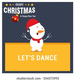 Snowman Cartoon Character Holding Board with lets dance typography on glowing background Background with Merry Christmas Title. Vector Illustration