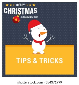 Snowman Cartoon Character Holding Board with tips and triks typography on glowing background Background with Merry Christmas Title. Vector Illustration