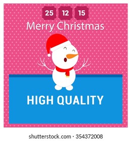 Snowman Cartoon Character Holding Board with high quality typography on glowing background Background with Merry Christmas Title. Vector Illustration