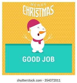 Snowman Cartoon Character Holding Board with Good Job typography on glowing background Background with Merry Christmas Title. Vector Illustration