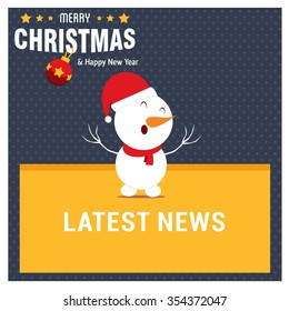 Snowman Cartoon Character Holding Board with latest news typography on glowing background Background with Merry Christmas Title. Vector Illustration