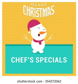 Snowman Cartoon Character Holding Board with chief's special typography on glowing background Background with Merry Christmas Title. Vector Illustration