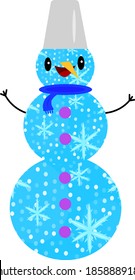 snowman cartoon character with patterns of snowflakes bright purple buttons and blue scarf object on white background christmas and winter holidays concept