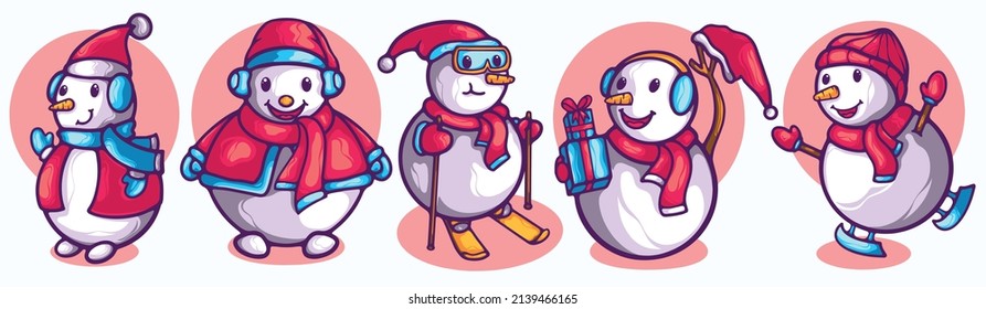 snowman cartoon character poses vector illustration