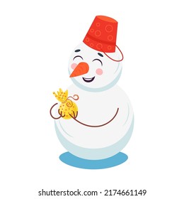 Snowman cartoon characters vector illustration. Happy comic snowmen in hats and scarves, gift box, New Year or Christmas decoration