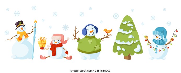 Snowman cartoon Christmas party - holiday cute snowmen, Christmas tree, snowflakes isolated on white background, winter character with scarf, hat, mittens, and festive decorations - vector